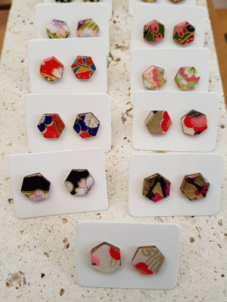 Hexagon Studs Japanese Paper Modern Earrings Flower Earrings Japanese Earrings Origami Paper Studs Washi Resin Earrings Flower Studs