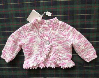 Baby Cardigan. 16". Pink,Light Grey and White Marl.