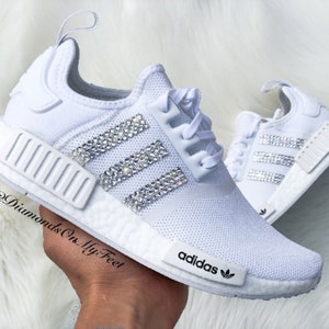 Swarovski Womens NMD R1 All White Sneakers Blinged Out With Authentic Clear Swarovski Crystals Custom Bling Running Athletic Shoes