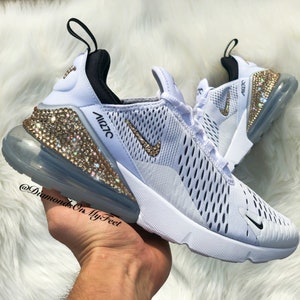 Swarovski Women's Nike Air Max 270 White & Black Sneakers Blinged Out With Authentic Gold Swarovski Crystals Custom Bling Nike Shoes