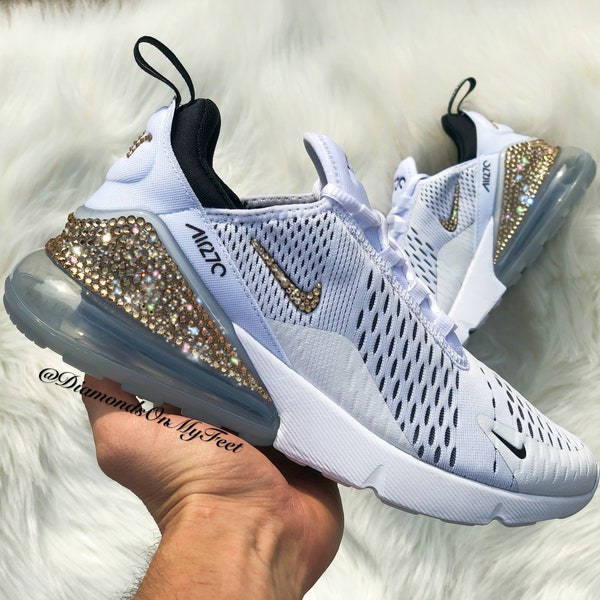Swarovski Damen Nike Air Max 270 White & Black Sneakers Blinged Out With Authentic Gold Swarovski Crystals Custom Bling Nike Schuhe