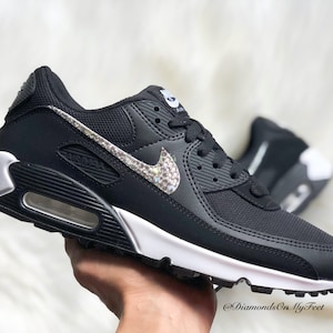 Swarovski Women&#39;s Nike Air Max 90 Black & White Sneakers Blinged Out With Authentic Clear Swarovski Crystals Custom Bling Nike Shoes