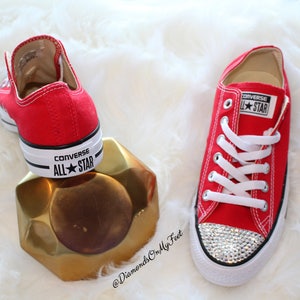 Swarovski Women's Converse All Star Chuck Taylor Red Low Top Sneakers Blinged Out With Authentic Clear Swarovski Crystals Custom Bling Shoes