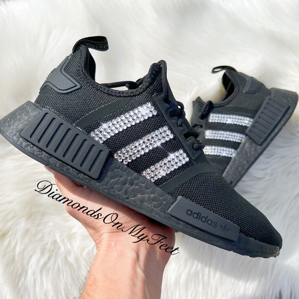 Swarovski Womens NMD R1 All Black Sneakers Blinged Out With Authentic Clear Swarovski Crystals Custom Bling Running Athletic Shoes