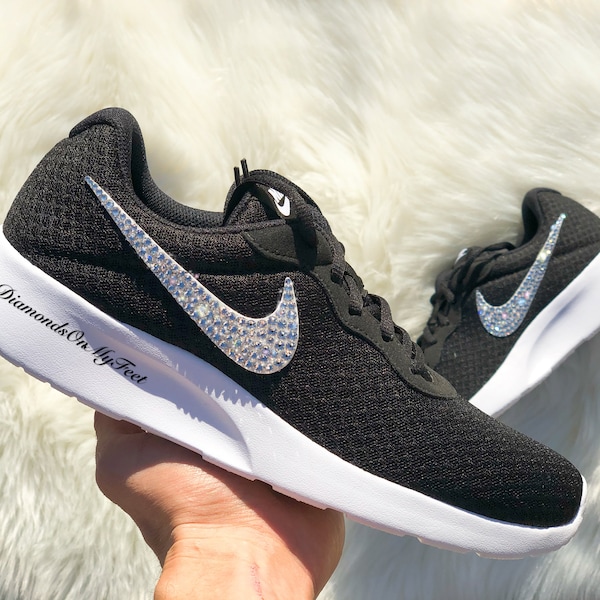 Swarovski Women's Nike Air Max Tanjun Black & White Sneakers Blinged Out With Authentic Clear Swarovski Crystals Custom Bling Nike Shoes