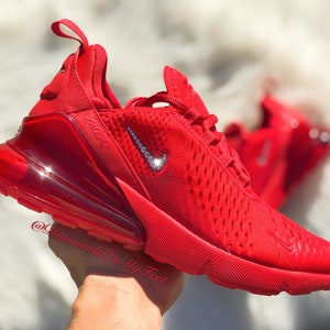 Swarovski Women's Nike Air Max 270 All Red Sneakers Blinged Out With Authentic Clear Swarovski Crystals Custom Bling Nike Shoes