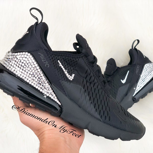 Swarovski Women's Nike Air Max 270 All Black Sneakers Blinged Out With Authentic Clear Swarovski Crystals Custom Bling Nike Shoes