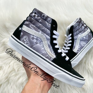 Size 8 - Swarovski Womens Vans Sk8-Hi Black Graffiti Graphic Sneakers Blinged Out With Authentic Clear Swarovski Crystals Custom Bling Shoes