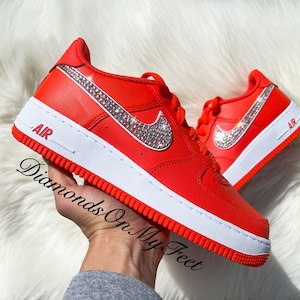 Swarovski Women's Air Force 1 Red & White Low Platform Sneakers Blinged Out With Authentic Clear Swarovski Crystals Custom Bling Shoes