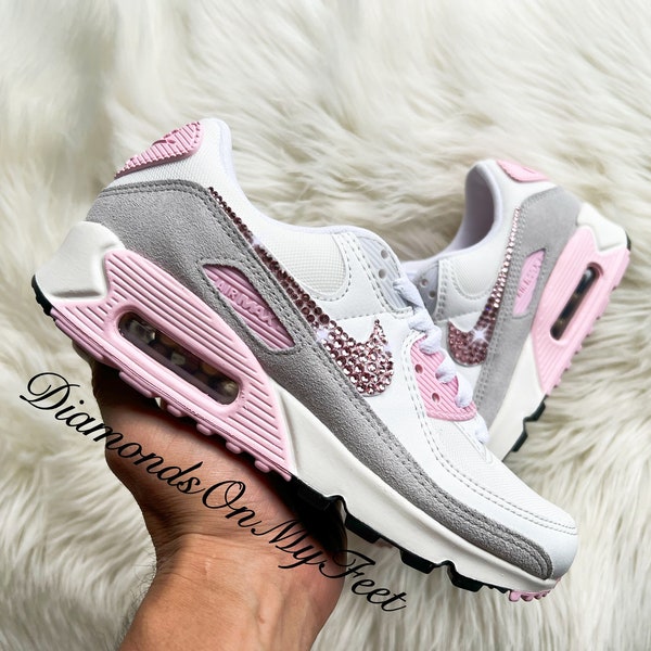 Swarovski Women's Air Max 90 Pink, White & Gray Sneakers Blinged With Authentic Swarovski Crystals Custom Bling Athletic Sneakers Shoes