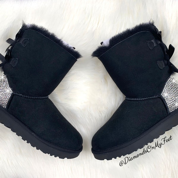 Swarovski Women's UGG Bailey Bow 2 Mid Black Boots Blinged Out With Authentic Clear Swarovski Crystals Custom Bling UGG Winter Boots Shoes