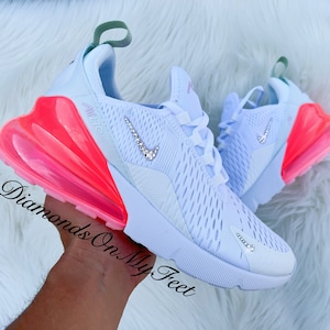 Swarovski Women's Air Max 270 White Pink Foam Sneakers Blinged Out With Authentic Clear Swarovski Crystals Custom Bling Athletic Shoes