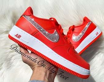 Swarovski Women's Air Force 1 Red & White Low Platform Sneakers Blinged Out With Authentic Clear Swarovski Crystals Custom Bling Shoes