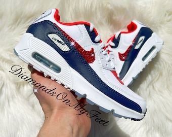 Swarovski Womens Air Max 90 Red, White & Blue Sneakers Blinged With Authentic Red Swarovski Crystals Custom Bling Athletic Sneakers Shoes