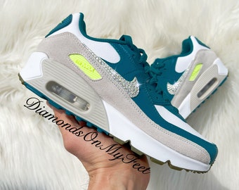 Swarovski Women's Air Max 90 White Green Volt Athletic Sneakers Blinged With Authentic Swarovski Crystals Custom Bling Shoes