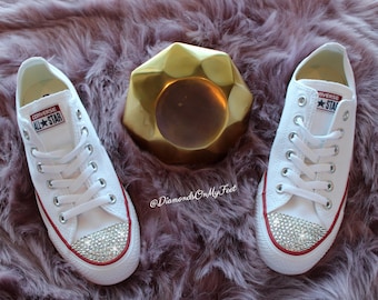 Swarovski Women Converse All Star Chuck Taylor White Low Top Sneakers Blinged Out With Authentic Clear Swarovski Crystals Custom Bling Shoes