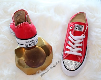 Swarovski Women&#39;s Converse All Star Chuck Taylor Red Low Top Sneakers Blinged Out With Authentic Clear Swarovski Crystals Custom Bling Shoes