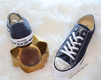 Swarovski Womens Converse All Star Chuck Taylor Blue Low Top Sneakers Blinged Out With Authentic Clear Swarovski Crystals Custom Bling Shoes