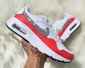 Swarovski Women's Air Max SC White Red & Black Sneakers Blinged Out With Authentic Clear Swarovski Crystals Custom Bling Athletic Shoes