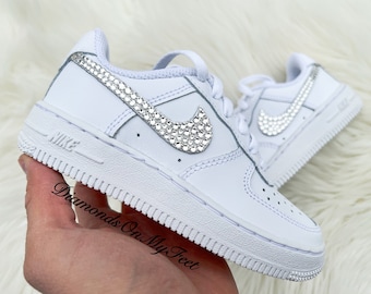 Swarovski Little Kids Nike Air Force 1 All White Low Sneakers Blinged Out With Authentic Clear Swarovski Crystals Custom Bling Nike Shoes