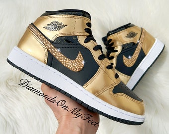 Swarovski Women&#39;s Air Jordan 1 Mid SE Gold & Black Sneakers Blinged Out With Authentic Gold Swarovski Crystals Custom Bling MJ Shoes