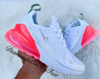 Swarovski Women's Air Max 270 White Pink Foam Sneakers Blinged Out With Authentic Clear Swarovski Crystals Custom Bling Athletic Shoes