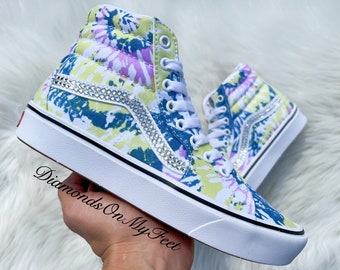 Size 7.5 - Women's Vans Sk8-Hi White Pink Yellow High Top Sneakers Blinged Out With Authentic Clear Swarovski Crystals Custom Bling Shoes