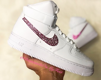 Swarovski Women's Nike Air Force 1 High All White Sneakers Blinged Out With Authentic Pink Swarovski Crystals Custom Bling Nike Shoes