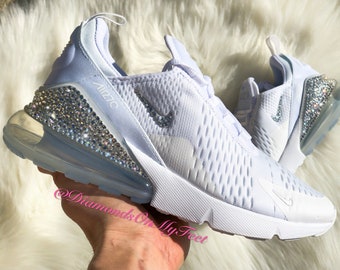 Swarovski Women's Nike Air Max 270 All White Sneakers Blinged Out With Authentic Clear Swarovski Crystals Custom Bling Nike Shoes