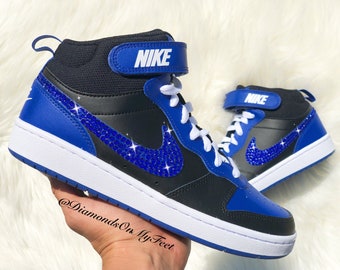 Swarovski Women's Nike Court Borough Mid 2 Black & Blue Sneakers Blinged Out With Authentic Swarovski Crystals Custom Bling Nike Shoes