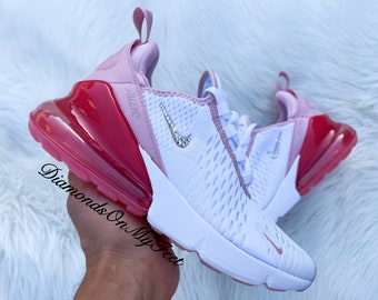 Swarovski Women's Air Max 270 White Pink & Red Sneakers Blinged Out With Authentic Clear Swarovski Crystals Custom Bling Athletic Shoes