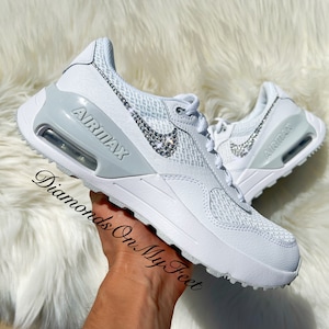 Swarovski Women&#39;s Air Max System All White Sneakers Blinged Out With Authentic Clear Swarovski Crystals Custom Bling Athletic Shoes