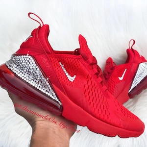 Swarovski Women's Air Max 270 All Red Sneakers Blinged Out With Authentic Clear Swarovski Crystals Custom Bling Athletic Workout Shoes