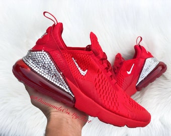 Swarovski Women&#39;s Air Max 270 All Red Sneakers Blinged Out With Authentic Clear Swarovski Crystals Custom Bling Athletic Workout Shoes