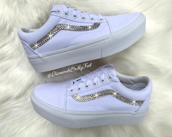 Swarovski Damen Vans Old Skool White Platform Schuhe Sneakers
