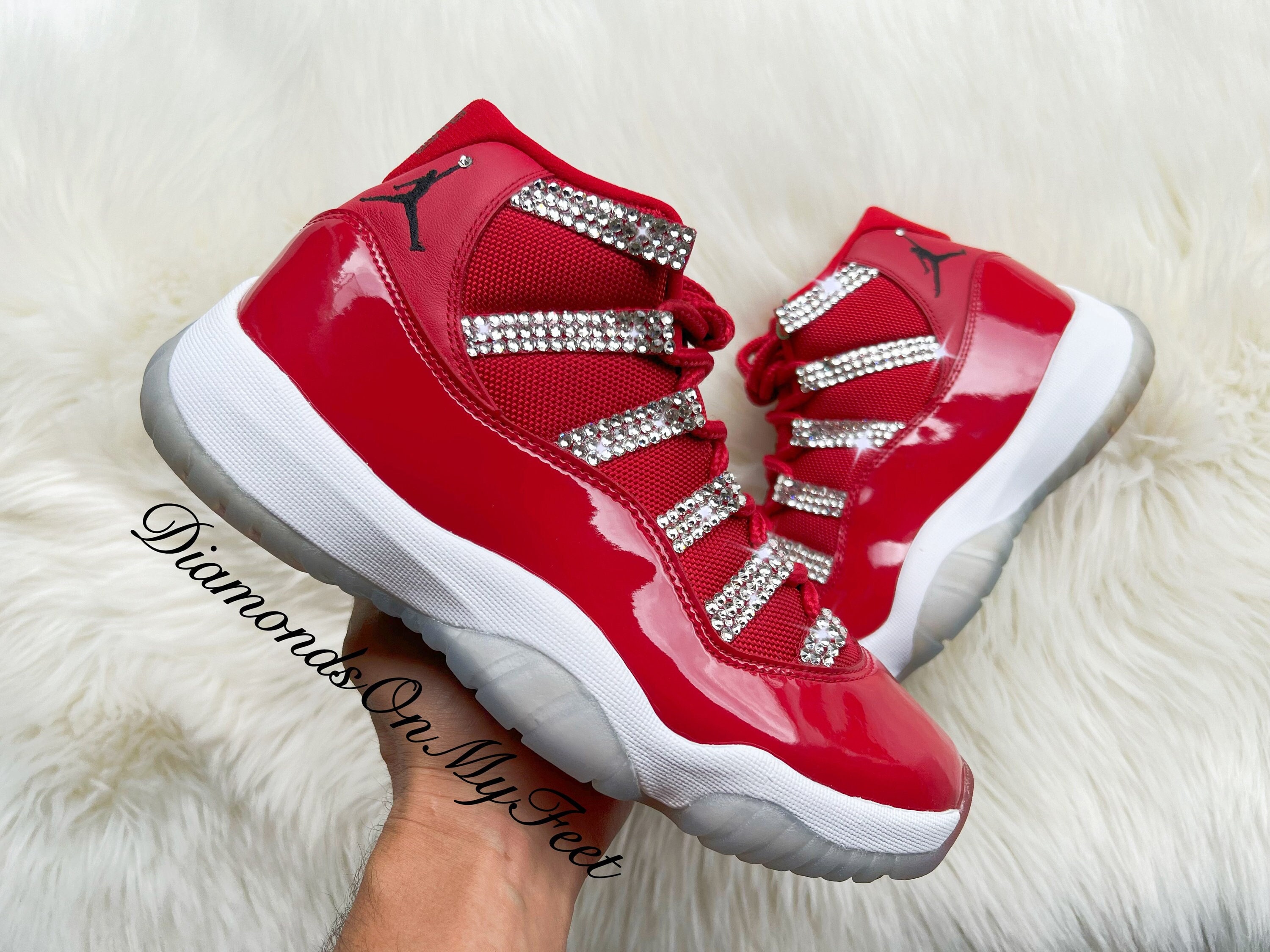 Swarovski Women s Jordan 11 Win Like 96 Mid Red White Sneakers Blinged Out with Clear Silver Swarovski Crystals Custom Bling Mj Shoes