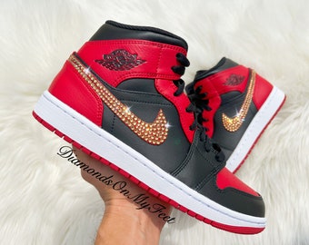 Swarovski Women's Air Jordan 1 Mid Banned Black Red Bred Sneakers Blinged Out With Authentic Gold Swarovski Crystals Custom Bling MJ Shoes