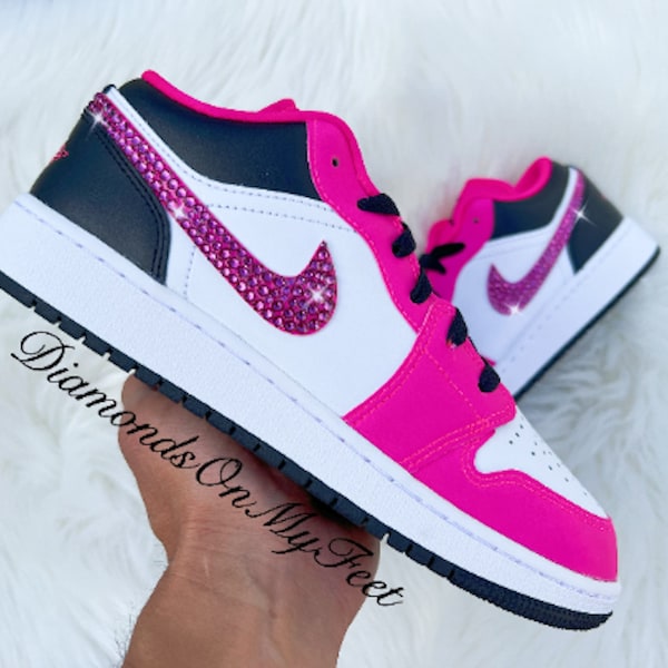 Swarovski Women's Jordan 1 Low Fierce Pink White Black Sneakers Blinged With Authentic Fuchsia Swarovski Crystals Custom MJ Shoes