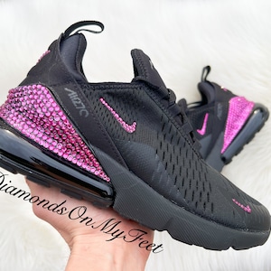 Swarovski Women's Air Max 270 All Black Sneakers Blinged Out With Authentic Fuchsia Swarovski Crystals Custom Bling Athletic Workout Shoes