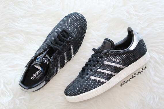 Size 7, 9 Swarovski Women's Adidas Gazelle Black & Silver Sneakers Blinged With Authentic Swarovski Crystals Custom Bling Adidas Shoes Women's Gray Adidas Gazelle Size 7 Shoes