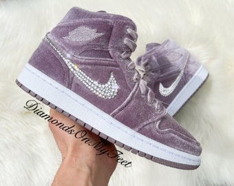 Size 8 - Women's Jordan 1 Mid Light Purple Velvet Sneakers Blinged Out With Authentic Clear Swarovski Crystals Custom Bling MJ Ball Shoes