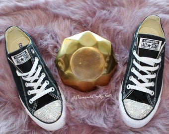Swarovski Women&#39;s Converse All Star Chuck Taylor Black Low Sneakers Blinged Out With Authentic Clear Swarovski Crystals Custom Bling Shoes