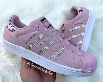 Size 8.5 - Swarovski Women's Superstar Pink Sneakers Blinged Out With Authentic Clear Swarovski Crystals Custom Bling Athletic Shoes