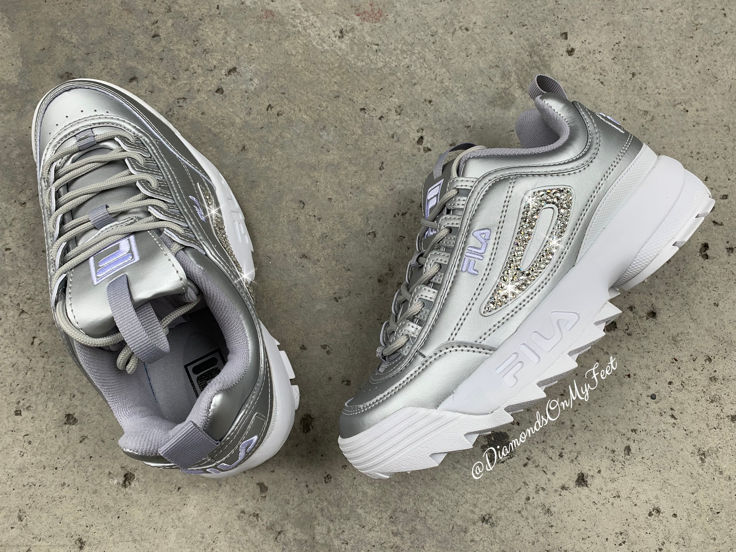 Swarovski Women s Fila Disruptor 2 Premium Silver Sneakers Blinged Out With Authentic Clear Swarovski Crystals Custom Bling Adidas Shoes Etsy UK