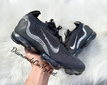 Swarovski Women's Nike Air VaporMax 2021 FK All Black Sneakers Blinged Out With Authentic Swarovski Crystals Custom Bling Nike Shoes