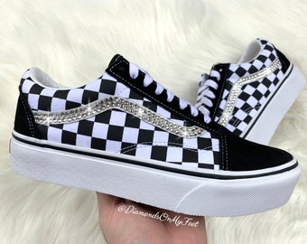 Swarovski Women's Vans Old Skool Black & White Checkered Sneakers Blinged Out With Authentic Clear Swarovski Crystals Custom Bling Shoes