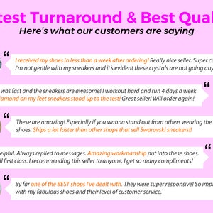 Puede incluir: Un fondo rosa con texto blanco que dice "Fastest Turnaround & Best Quality!! Here's what our customers are saying". Hay cuatro testimonios de clientes con im&aacute;genes de los clientes. Cada testimonio est&aacute; entre comillas.