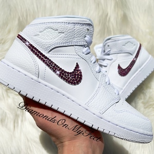 Swarovski Women&#39;s Air Jordan Retro 1 Mid All White Sneakers Blinged Out With Authentic Pink Swarovski Crystals Custom Bling Shoes