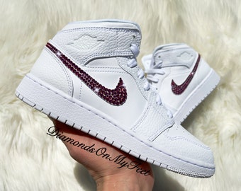 Swarovski Women's Air Jordan Retro 1 Mid All White Sneakers Blinged Out With Authentic Pink Swarovski Crystals Custom Bling Shoes