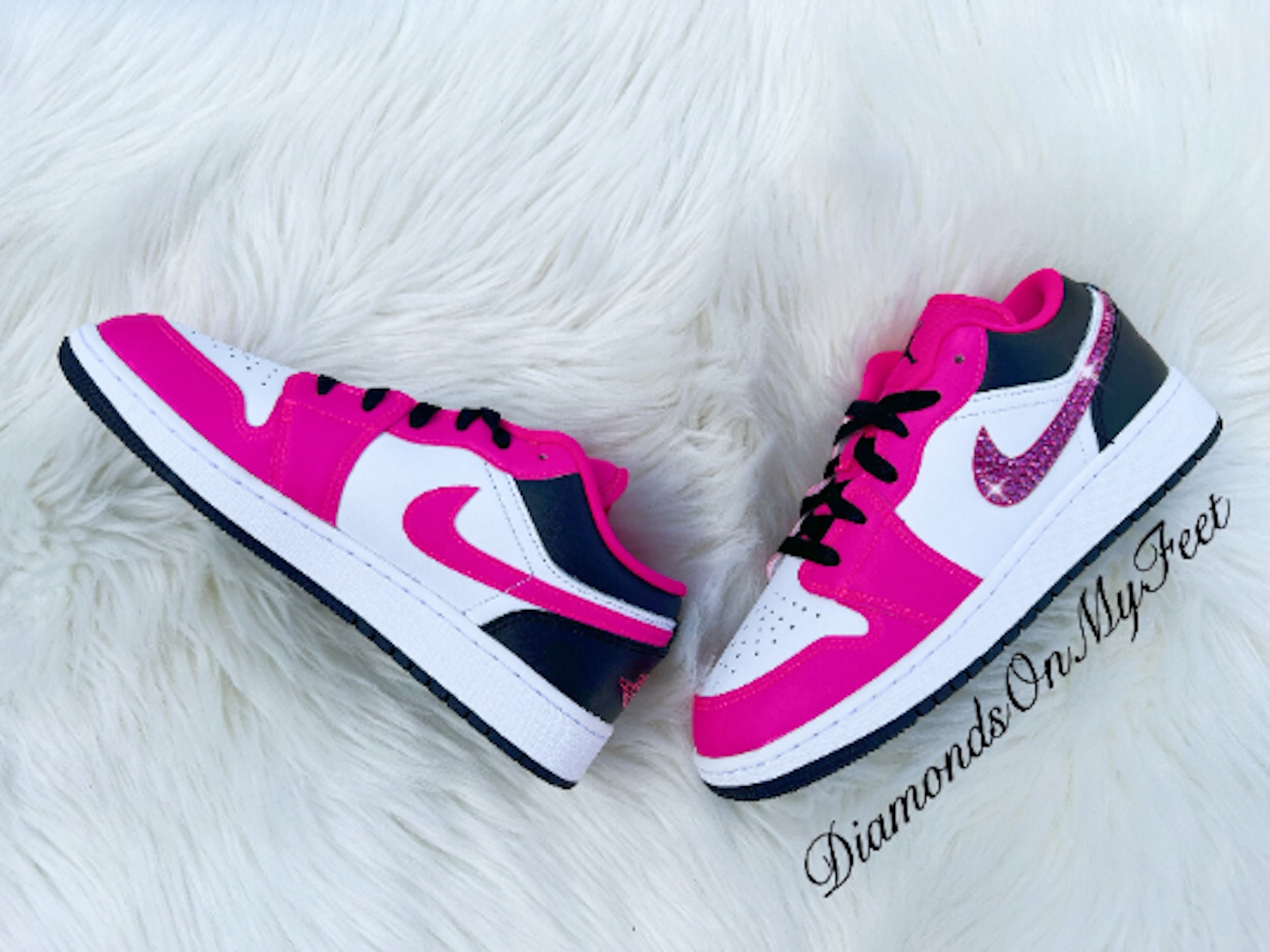 Swarovski Women s Jordan 1 Low Fierce Pink White Black Sneakers Blinged With Authentic Fuchsia Swarovski Crystals Custom MJ Shoes Etsy Canada